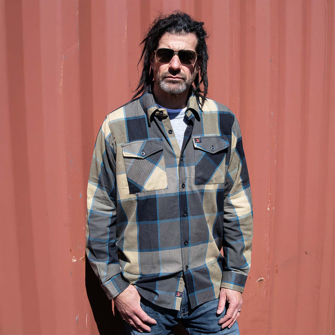 Milwaukee Leather MNG11639 Men's Flannel Plaid Beige with Black and Blue Long Sleeve Cotton Button Down Shirt
