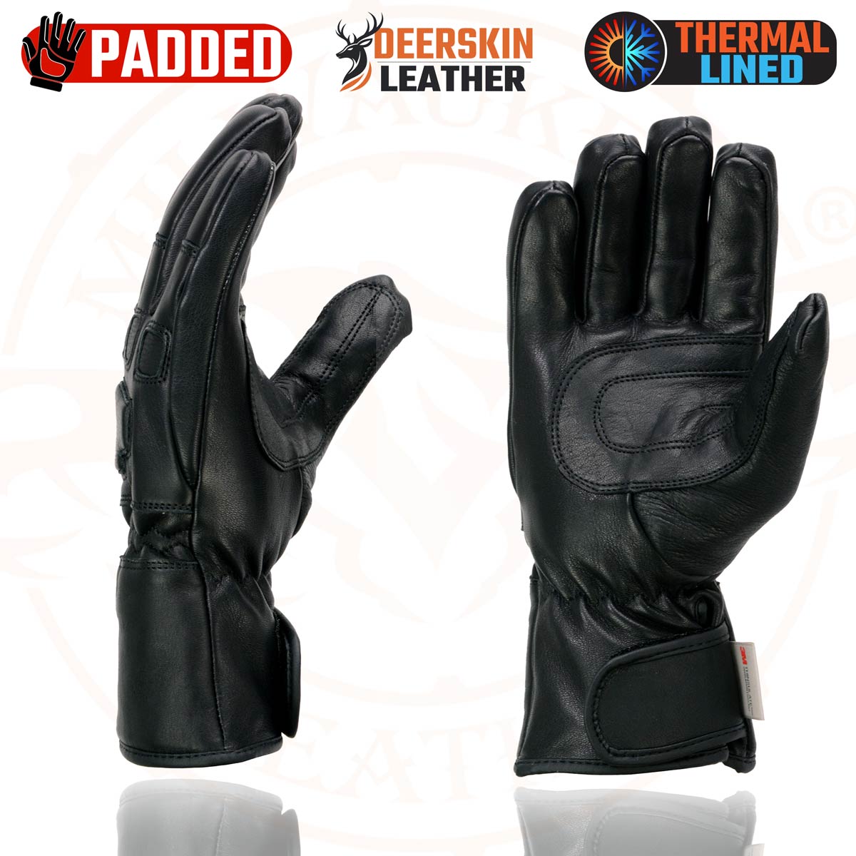 Milwaukee Leather MG7534 Men's Black Deerskin Gauntlet Motorcycle Gloves w/ Wrist Strap & Cinch Closure