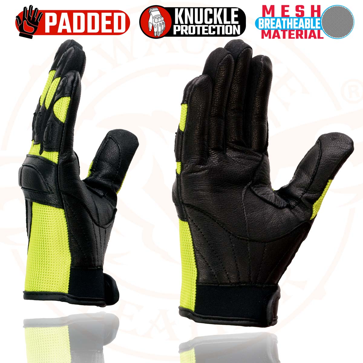 Milwaukee Leather MG7740 Women's Padded Black Leather and Neon Green Mesh Racing Motorcycle Rider Gloves