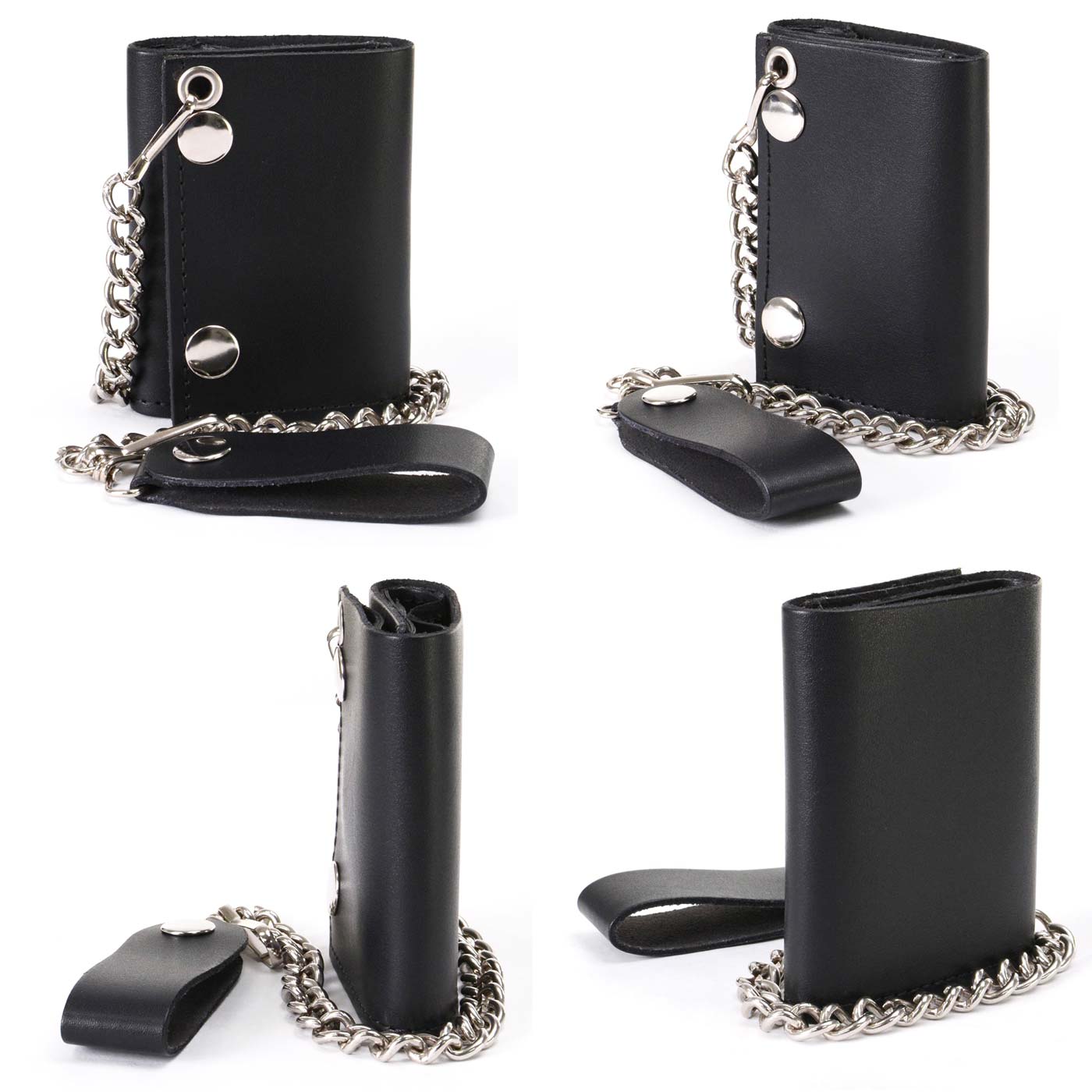 Milwaukee Leather MLW7831 Men's 4" Classic Black Plain Genuine Leather Tri-Fold Biker Wallet w/ Anti-Theft Stainless Steel Chain