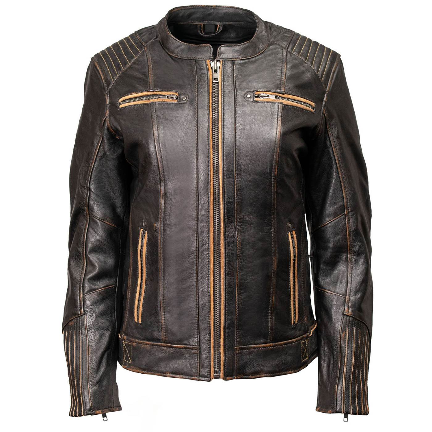 Milwaukee Motorcycle Clothing Co. Women’s Rebel Scooter Style Vinage Brown Leather Jacket w/ Mandarin Collar MMC20003