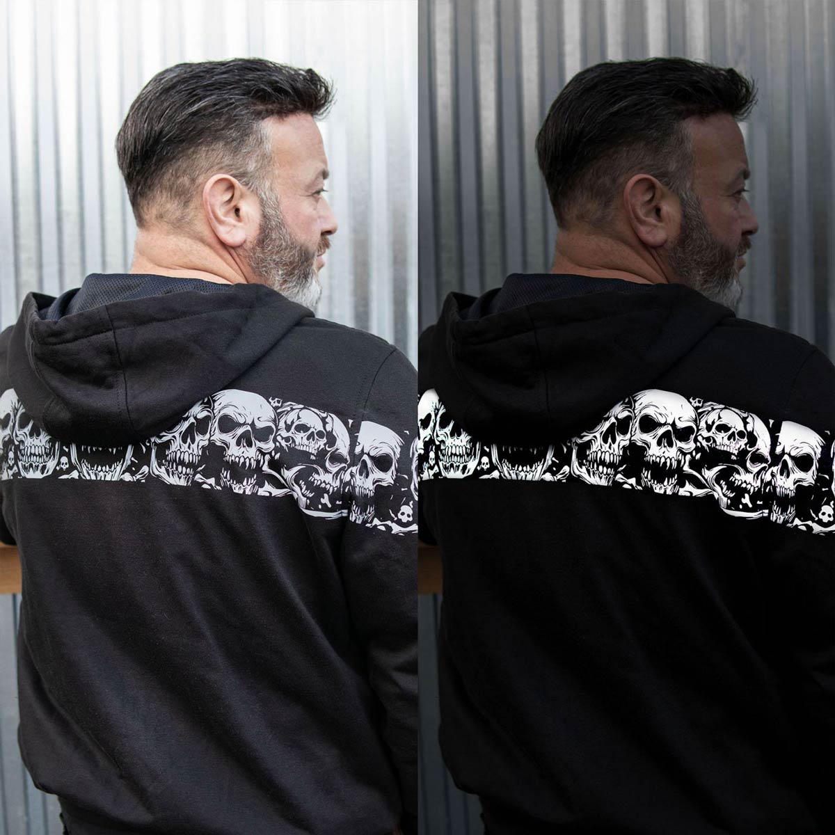 Milwaukee Leather Men's Bare Bones Black Reflective Skull CE Armored Riding Hoodie, Shoulder and Elbow Armor - MPM1798
