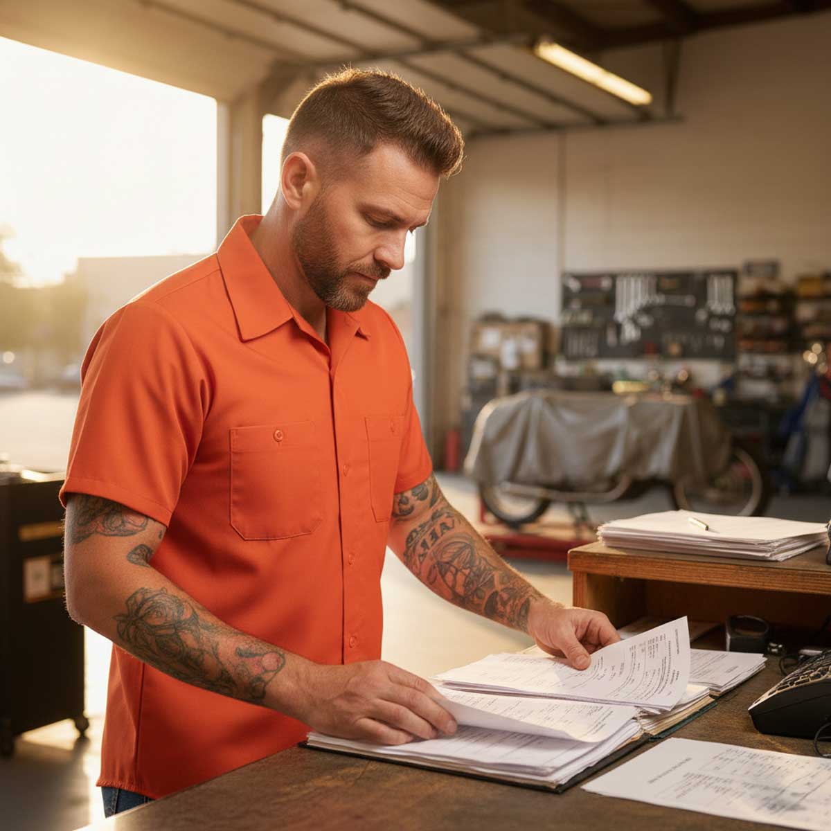Milwaukee Leather MDM11686 Men’s OrangeButton-Up Heavy-Duty Work Shirt - Classic Mechanic Shirt w/ Pockets