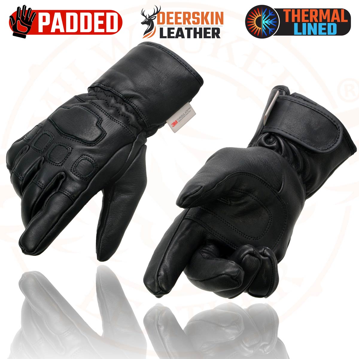 Milwaukee Leather MG7534 Men's Black Deerskin Gauntlet Motorcycle Gloves w/ Wrist Strap & Cinch Closure