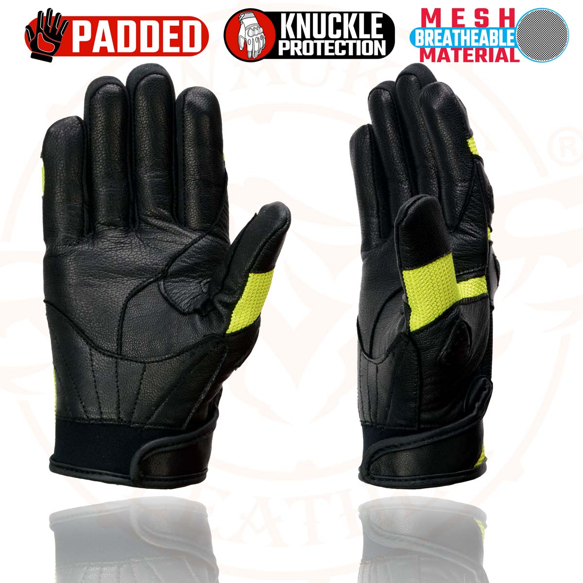 Milwaukee Leather MG7740 Women's Padded Black Leather and Neon Green Mesh Racing Motorcycle Rider Gloves