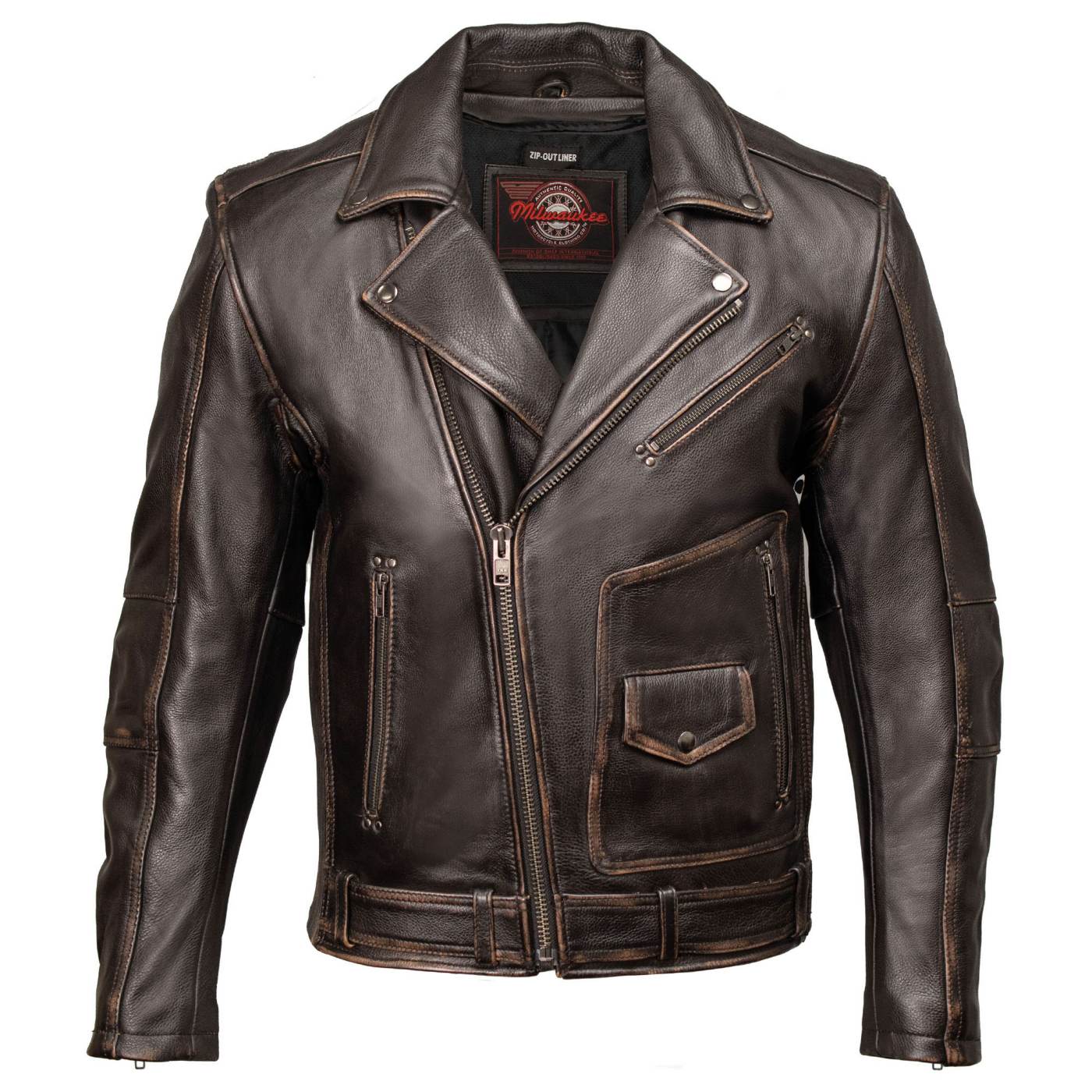 Milwaukee Motorcycle Clothing Co. Men's Unforgiven MC Style Vintage Brown Leather Jacket w/ Lapel Collar MMC10005