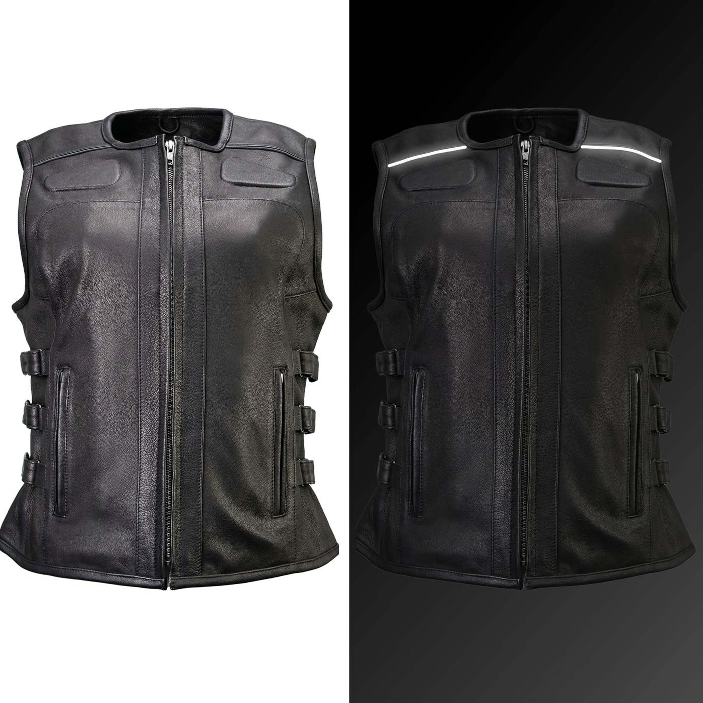 Milwaukee Motorcycle Clothing Co. Women's Gixxer Black Premium Leather Vest w/ Round Neck Side Buckle MMC40003
