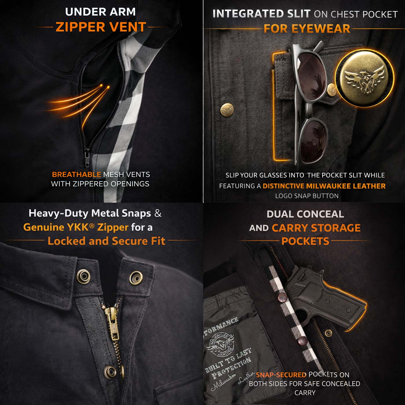 Milwaukee Leather Men’s Two-Tone CE Armored Flannel - Solid Front / Plaid Back - Reinforced w/ Aramid Fibers - MPM1673