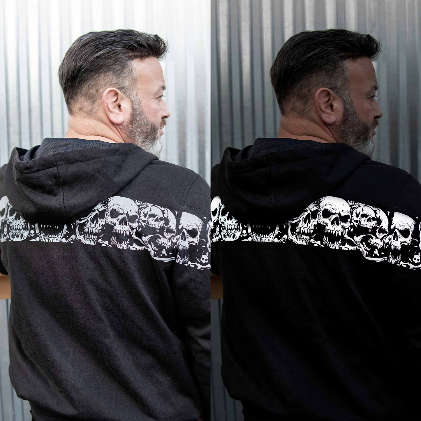 MMCC Men’s Bare Bones Hoodie – Reflective Skull Graphics Front & Back, Full Zip, 100 % Cotton, MPM1681