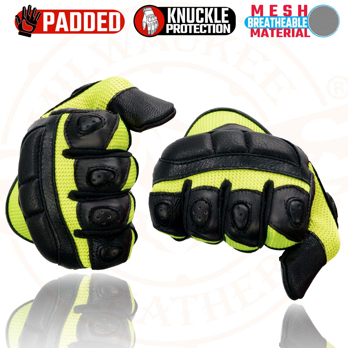 Milwaukee Leather MG7740 Women's Padded Black Leather and Neon Green Mesh Racing Motorcycle Rider Gloves