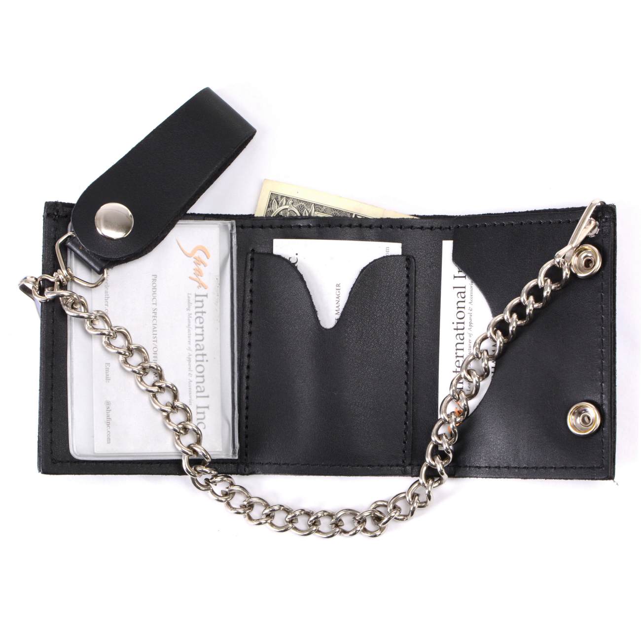 Milwaukee Leather MLW7831 Men's 4" Classic Black Plain Genuine Leather Tri-Fold Biker Wallet w/ Anti-Theft Stainless Steel Chain