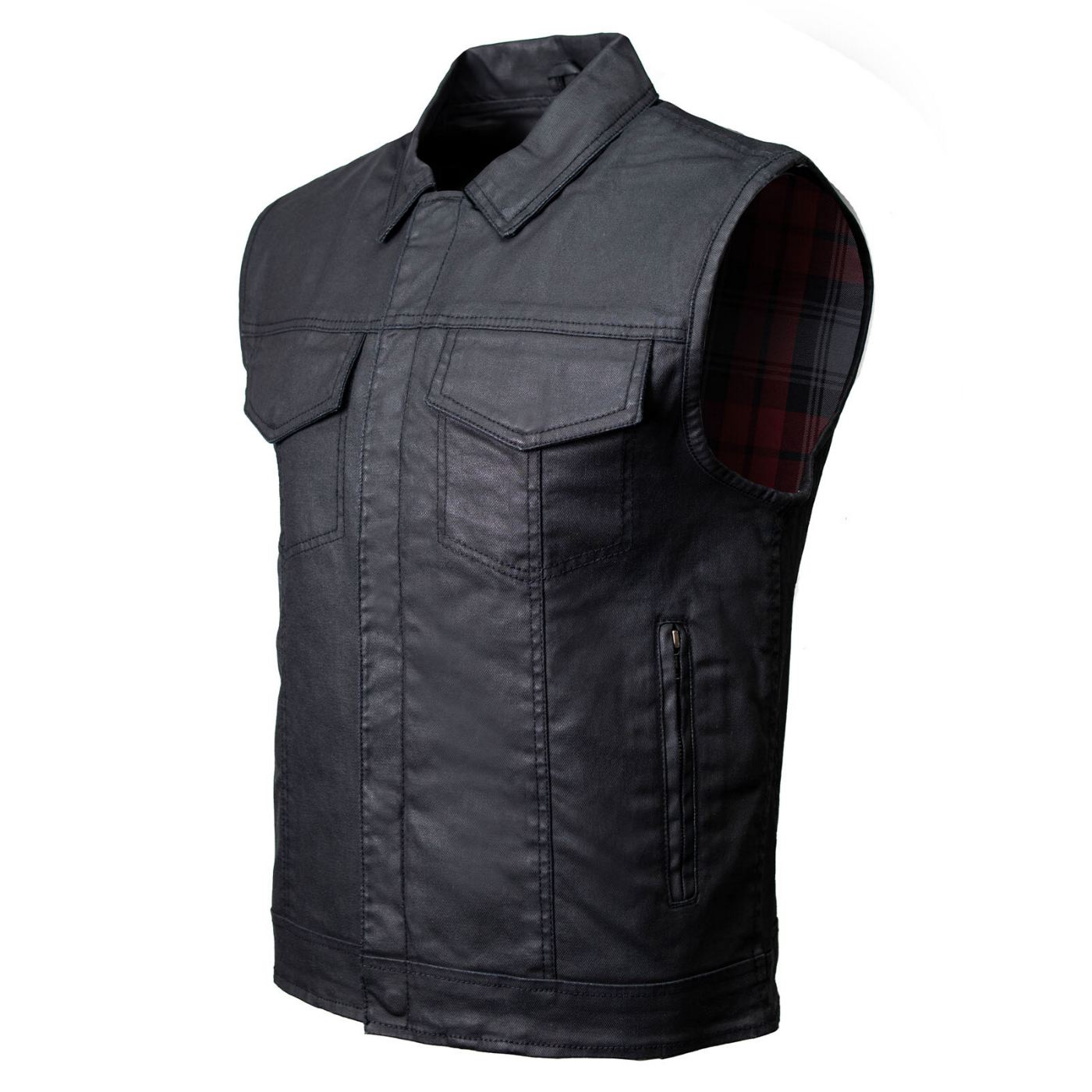 Milwaukee Leather MDM3030 Men’s Black Waxy Coated Denim Club Style Motorcycle Rider Vest w/ Shirt Collar