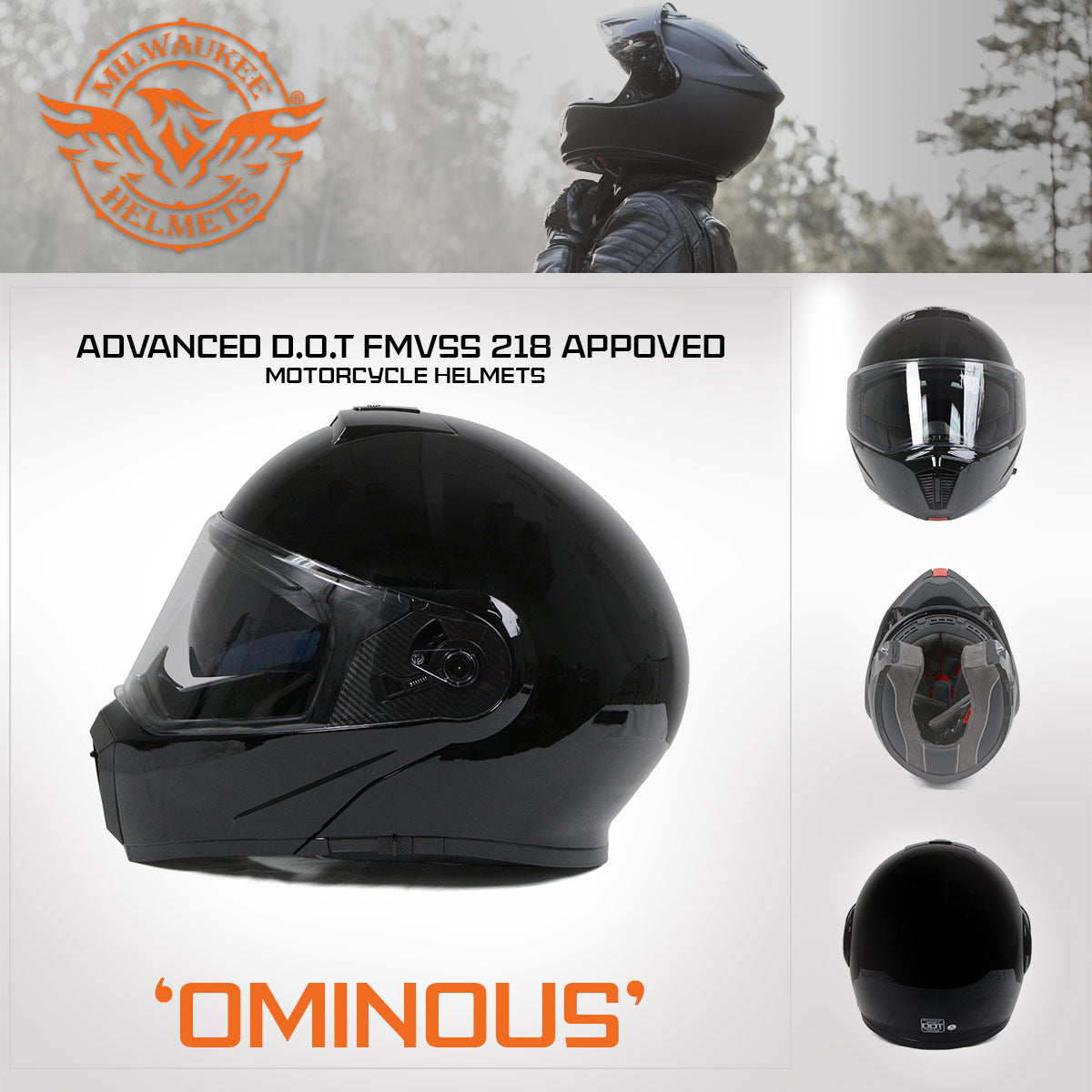 Milwaukee Helmets MPH9813DOT Gloss Black Menace DOT Approved Motorcycle Modular Helmet w/ Drop Down Visor