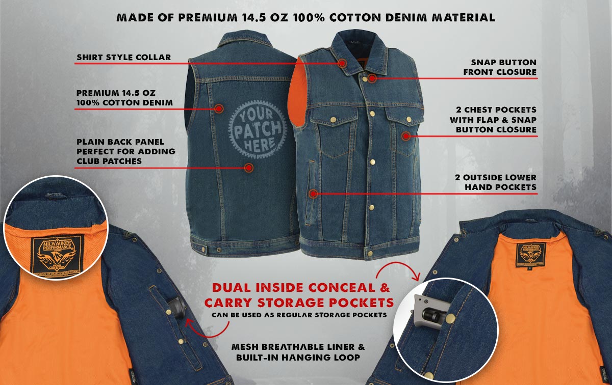 Men's Denim Vest Milwaukee Leather Men's Denim Motorcycle Vest | Shirt Style Collar | Large Size Leather Vest