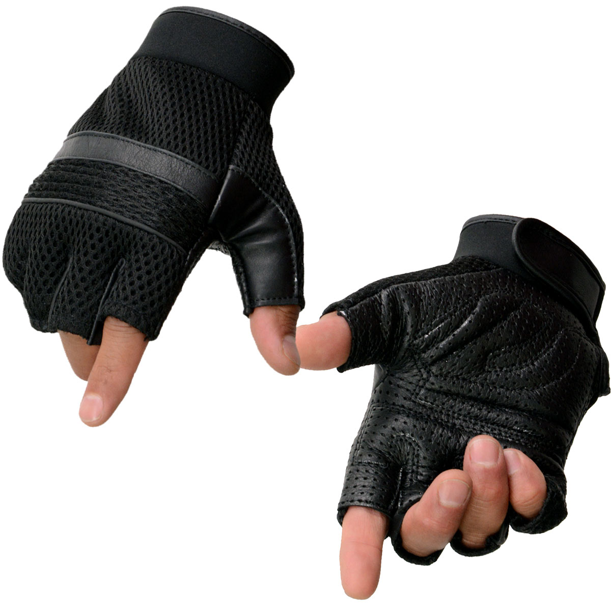 Milwaukee Leather MG7504 Men's Black Gel Palm Leather and Mesh Fingerless Gloves