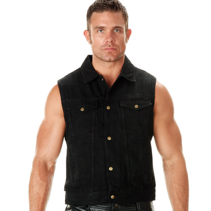 Xelement B285 Men's 'Dirty' Black Denim Motorcycle Rider Vest with Shirt Collar