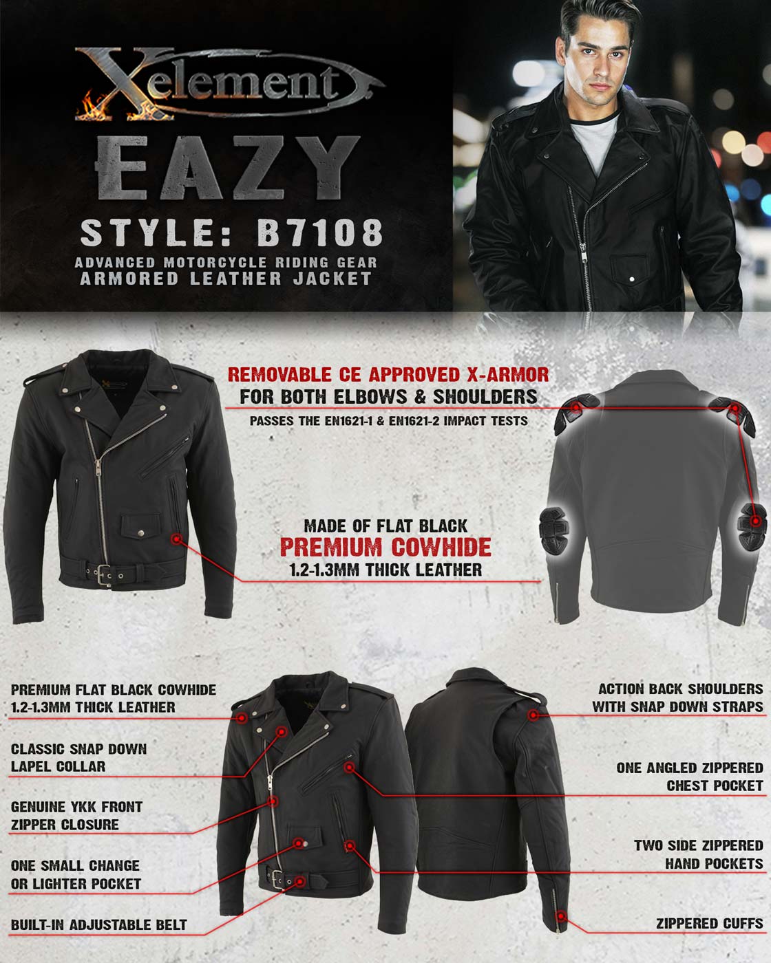 Xelement B7108 Men s Eazy Flat Black Motorcycle Leather Jacket with LeatherUp USA