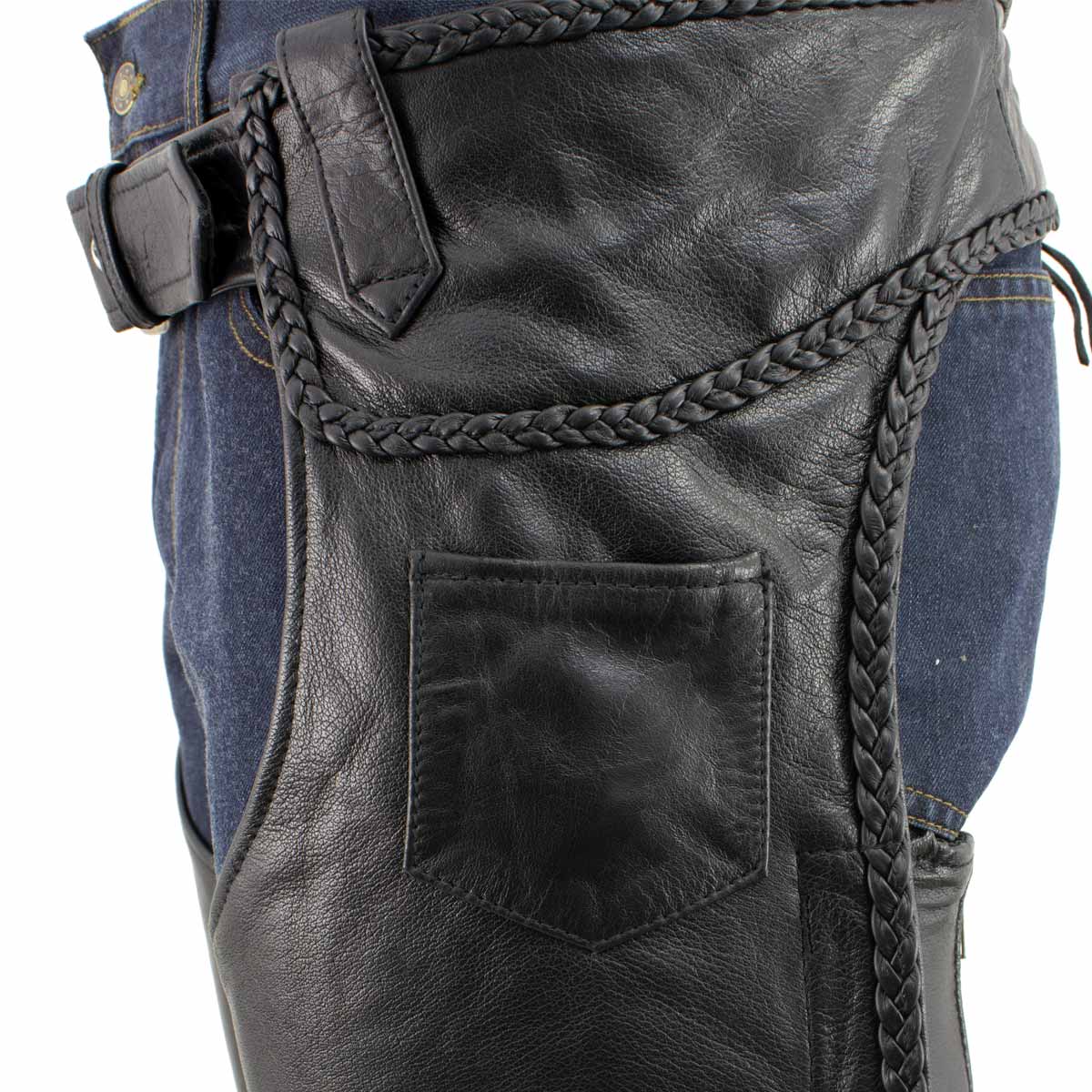Milwaukee Leather LKM5724 Men's Black Braided Premium Leather Classic Fit Leather Chaps w/ Elastic Panel