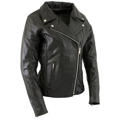 Milwaukee Leather LKL27001 Women's Classic Braided Premium Black Leather Fitted Motorycle Riders Biker Jacket