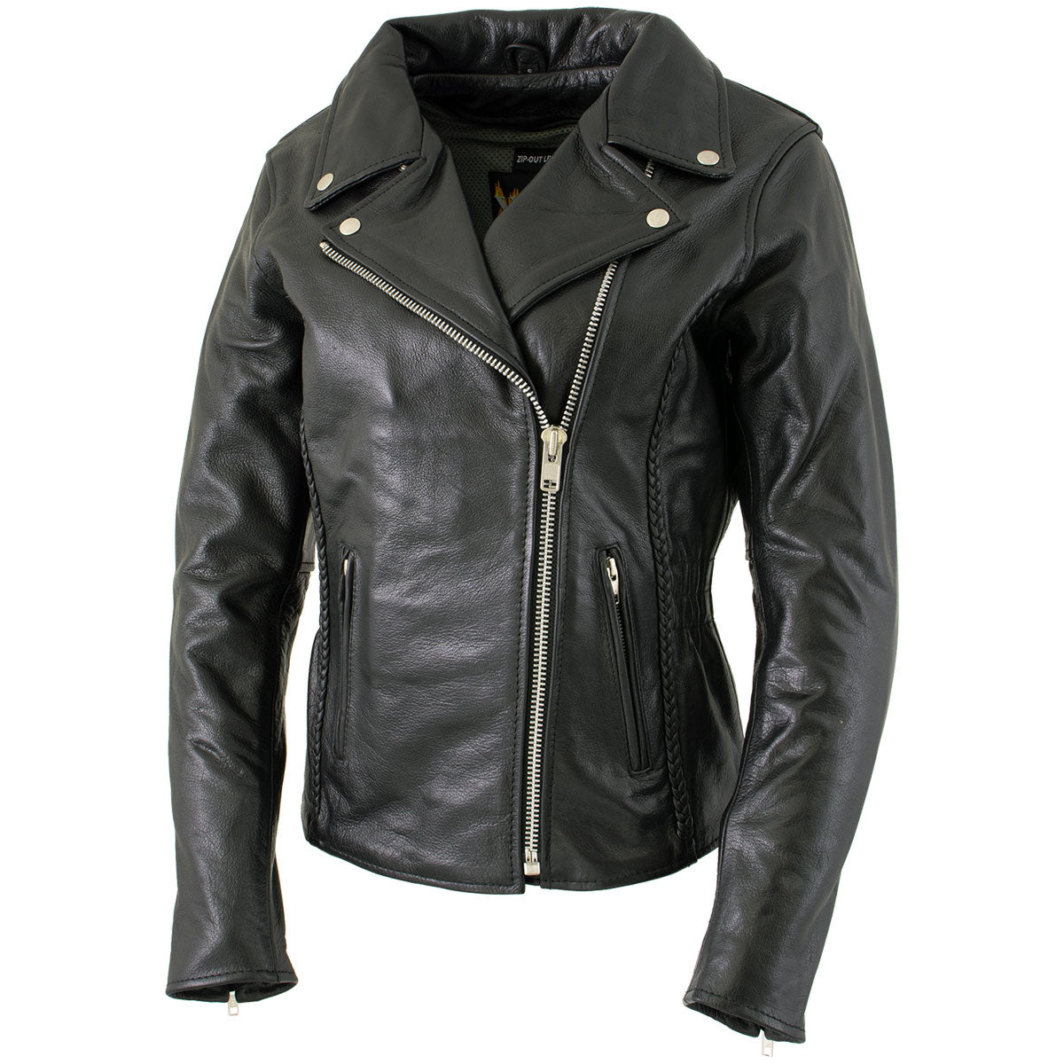 Milwaukee Leather LKL27001 Women's Classic Braided Premium Black Leather Fitted Motorycle Riders Biker Jacket