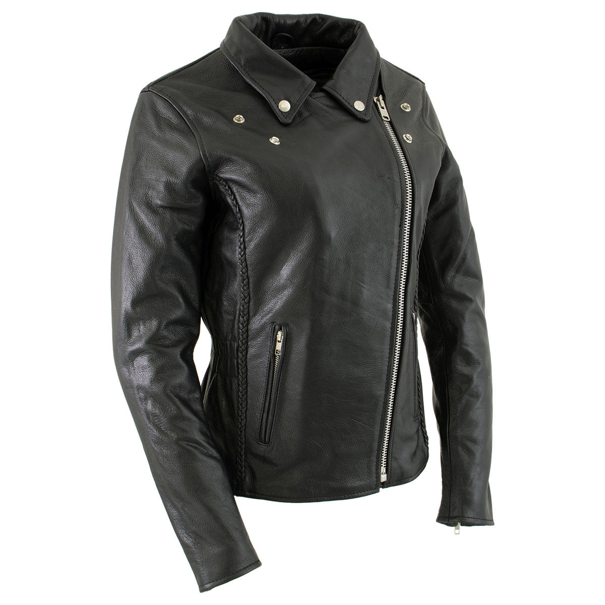 Milwaukee Leather LKL27001 Women's Classic Braided Premium Black Leather Fitted Motorycle Riders Biker Jacket