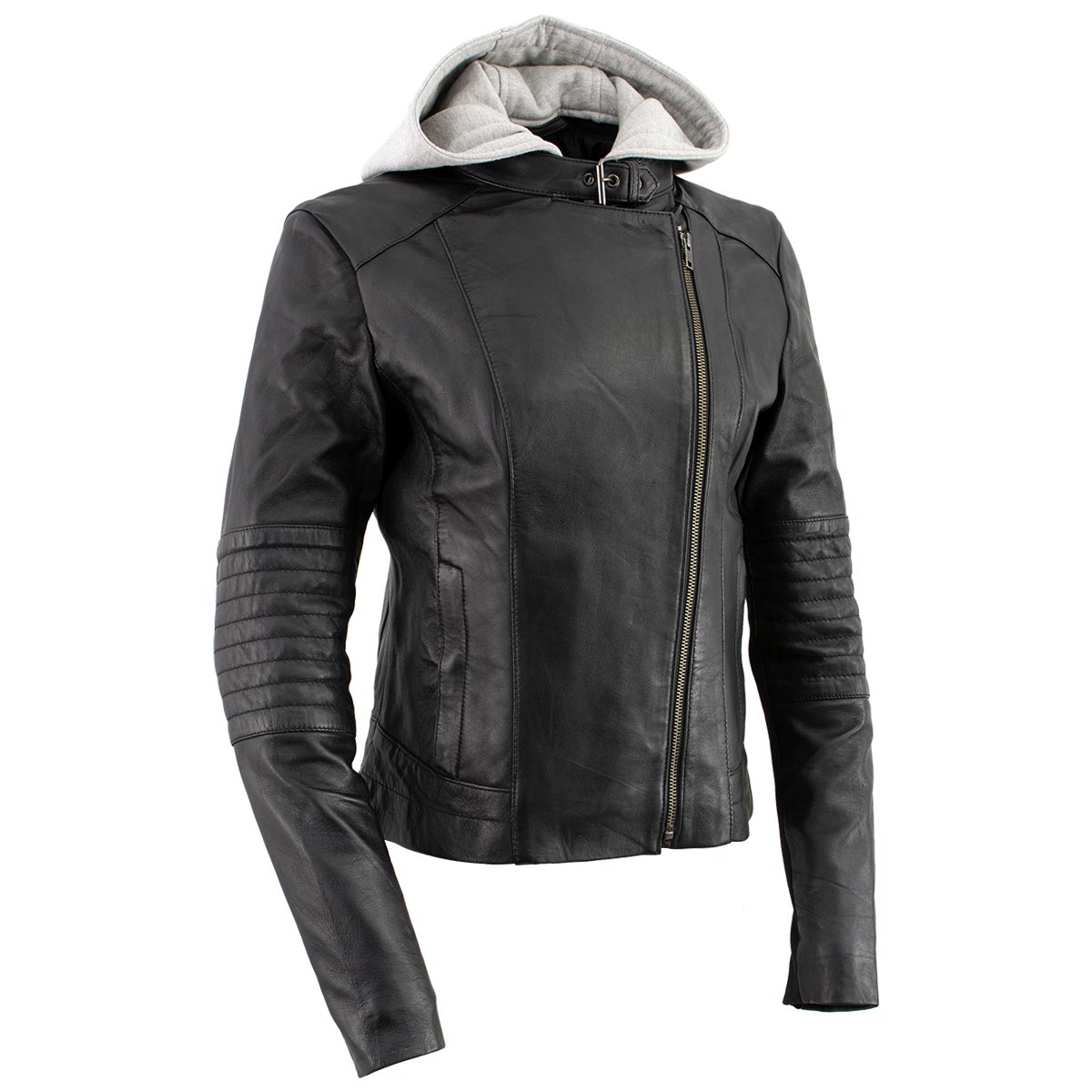 Xelement B91044 Women's ‘Quilt’ Black Leather Motorcycle Biker Racer Style Scuba Jacket with Hoodie