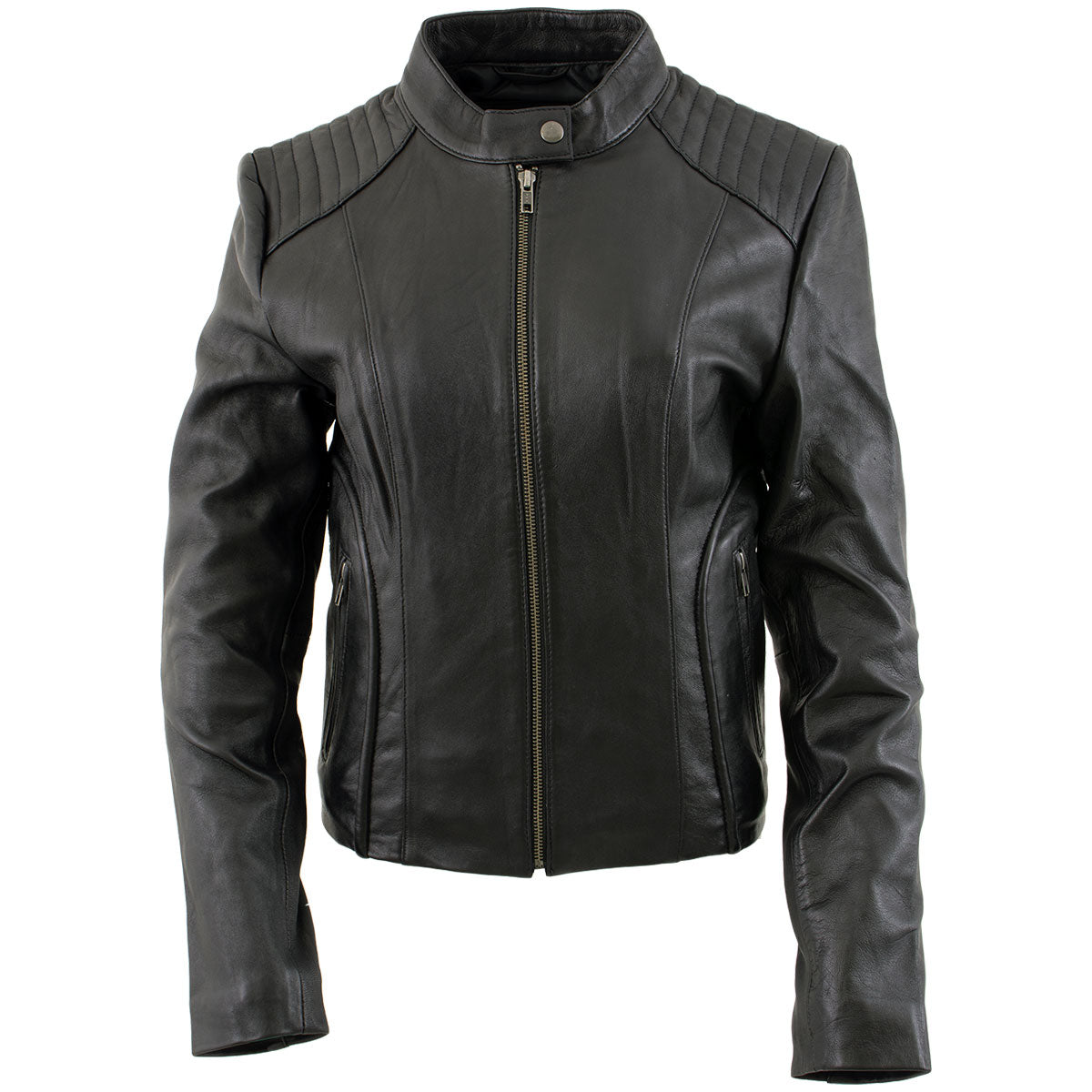 Xelement B91055 Women's ‘Keeper’ Black Leather Scuba Style Biker Jacket with Snap Mandarin Collar