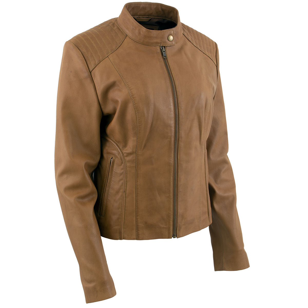 Xelement B91058 Women's ‘Keeper’Cognac Leather Scuba Style Biker Jacket with Snap Mandarin Collar