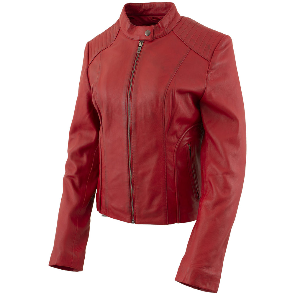 Xelement B91066 Women's ‘Keeper’ Red Leather Scuba Style Biker Jacket with Snap Mandarin Collar