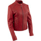 Xelement B91066 Women's ‘Keeper’ Red Leather Scuba Style Biker Jacket with Snap Mandarin Collar