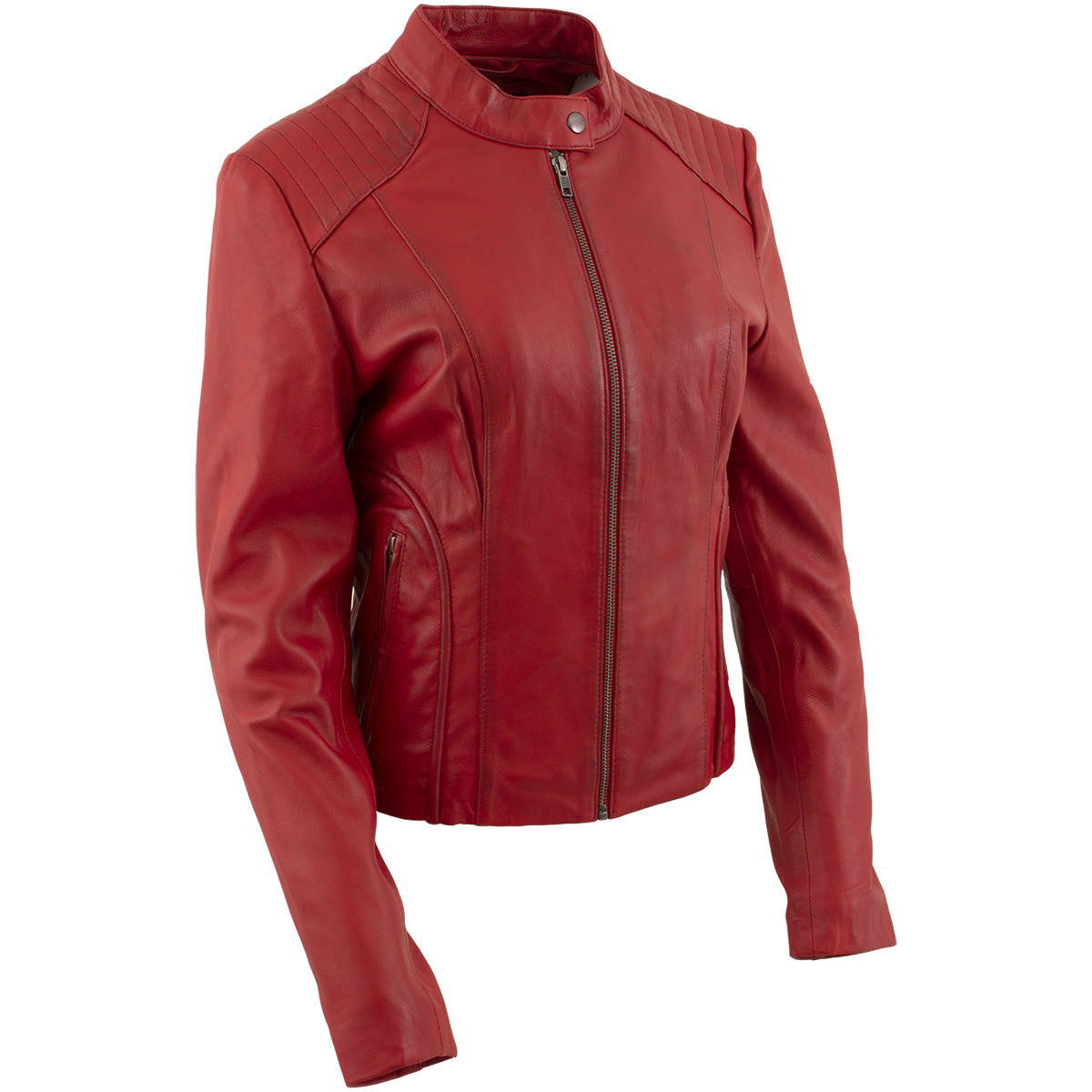 Xelement B91066 Women's ‘Keeper’ Red Leather Scuba Style Biker Jacket with Snap Mandarin Collar