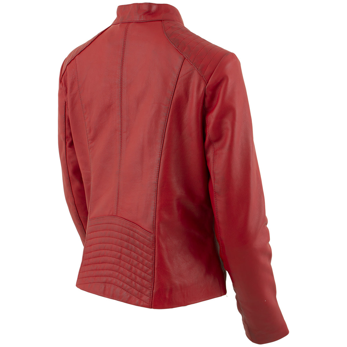 Xelement B91066 Women's ‘Keeper’ Red Leather Scuba Style Biker Jacket with Snap Mandarin Collar