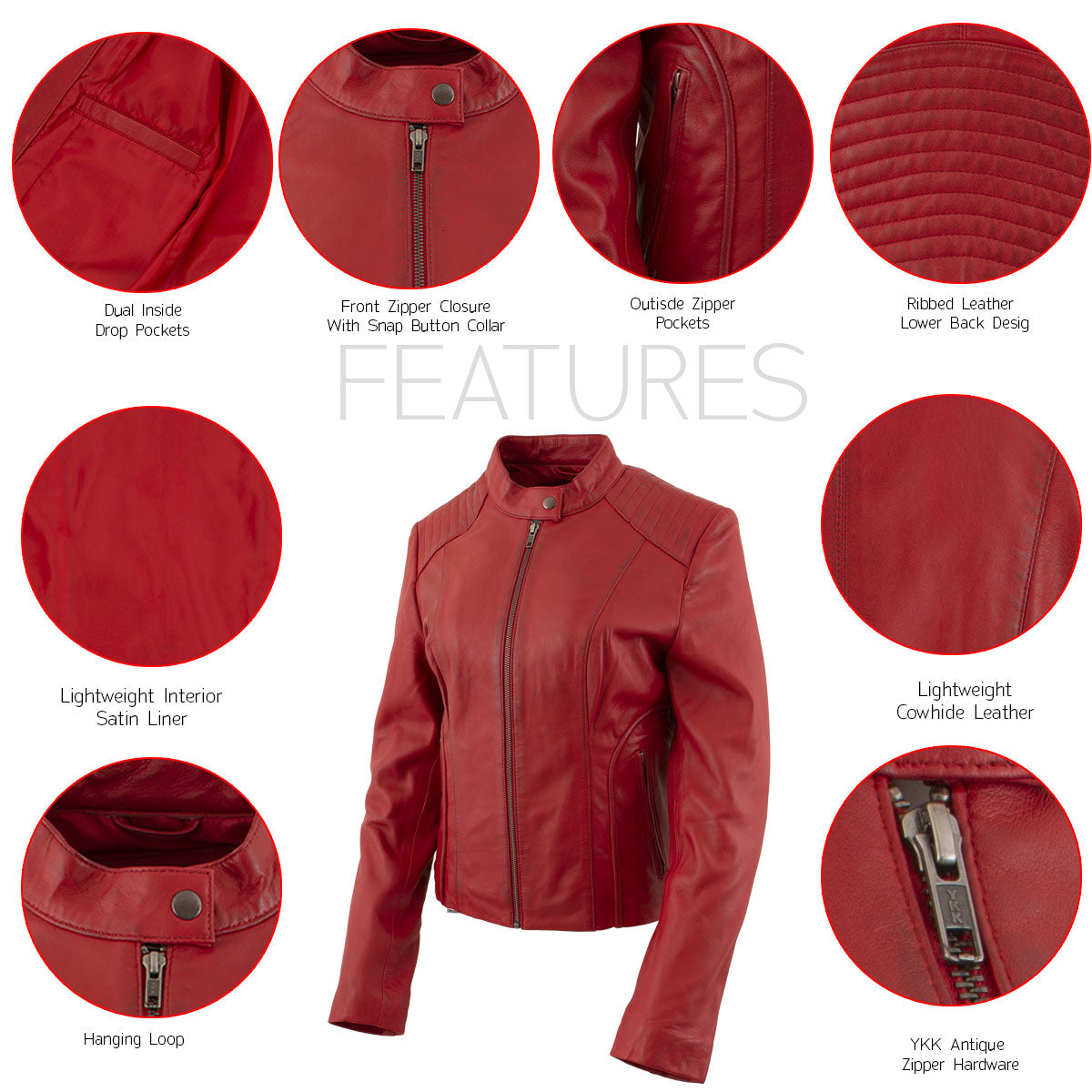 Xelement B91066 Women's ‘Keeper’ Red Leather Scuba Style Biker Jacket with Snap Mandarin Collar