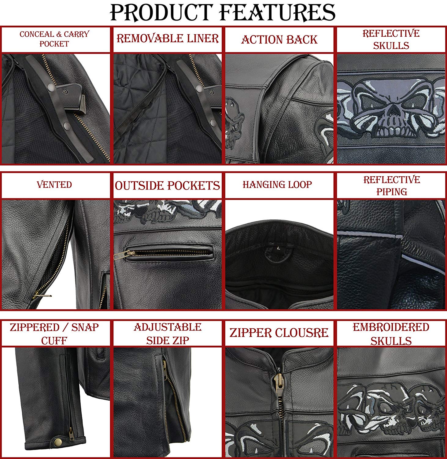 M Boss Motorcycle Apparel BOS11514 Men’s Black Reflective Skull Premium Cowhide Leather Motorcycle Jacket
