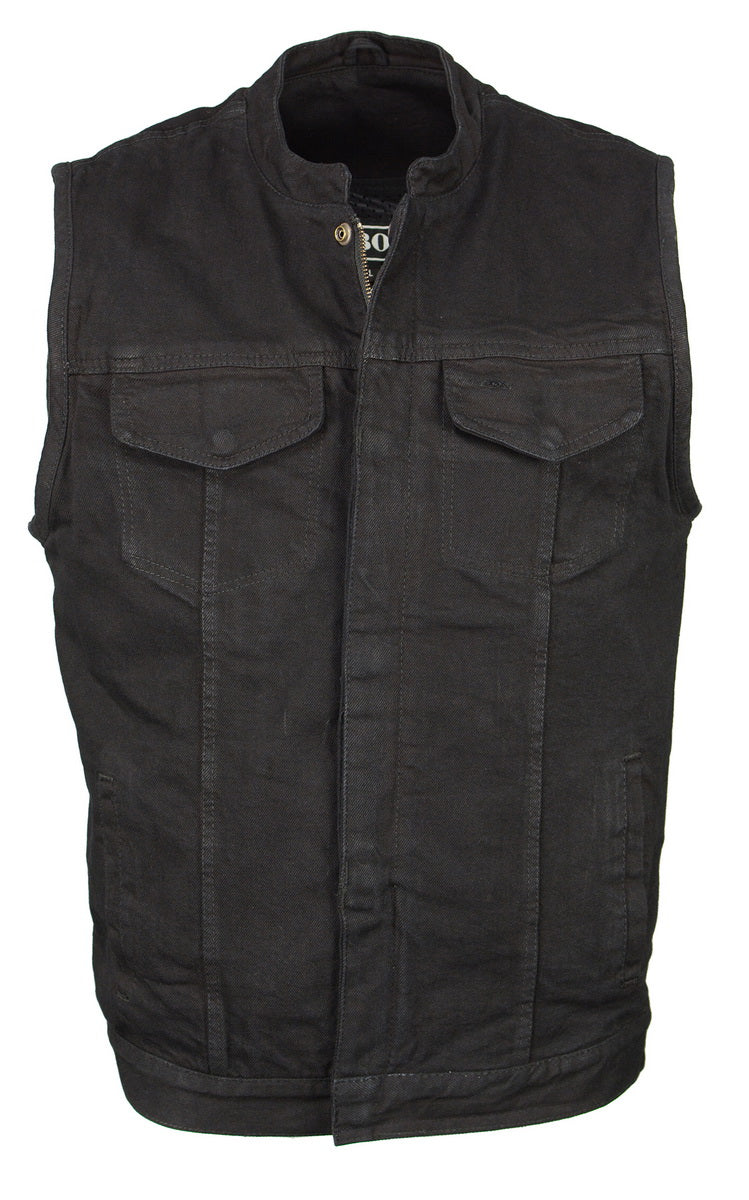 M Boss Motorcycle Apparel BOS13000 Men's Black Denim Club Style Vest with Hidden Zipper