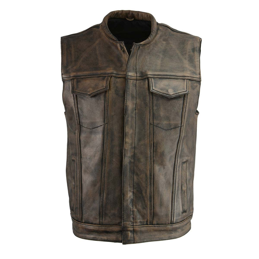 M Boss Motorcycle Apparel BOS13502 Men's Leather Distressed Brown Snap Front Vest