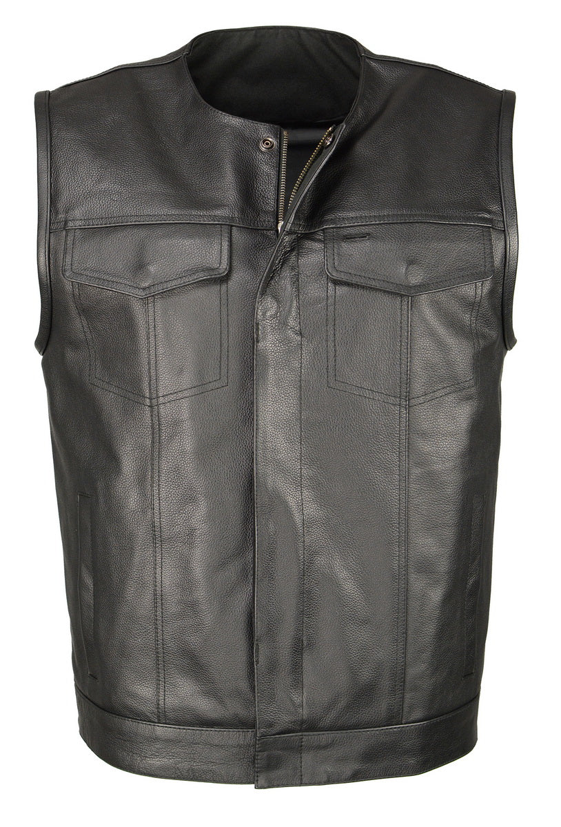 M Boss Motorcycle Apparel BOS13504 Men's Black Leather Collarless Club Style Vest with Quick Draw Pocket
