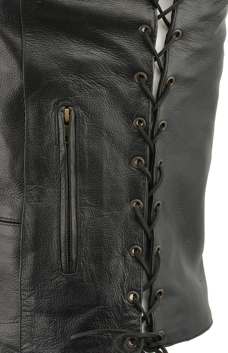 M Boss Motorcycle Apparel BOS13508 Men's Black Side Lace Leather Vest with Quick Draw Pocket