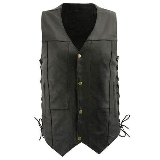 M Boss Motorcycle Apparel BOS13508 Men's Black Side Lace Leather Vest with Quick Draw Pocket