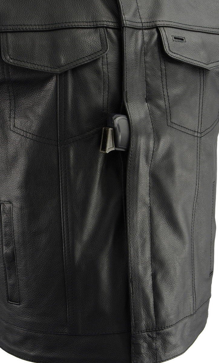 M Boss Motorcycle Apparel BOS13509 Men's Black Leather Club Style Vest with Quick Draw Pocket