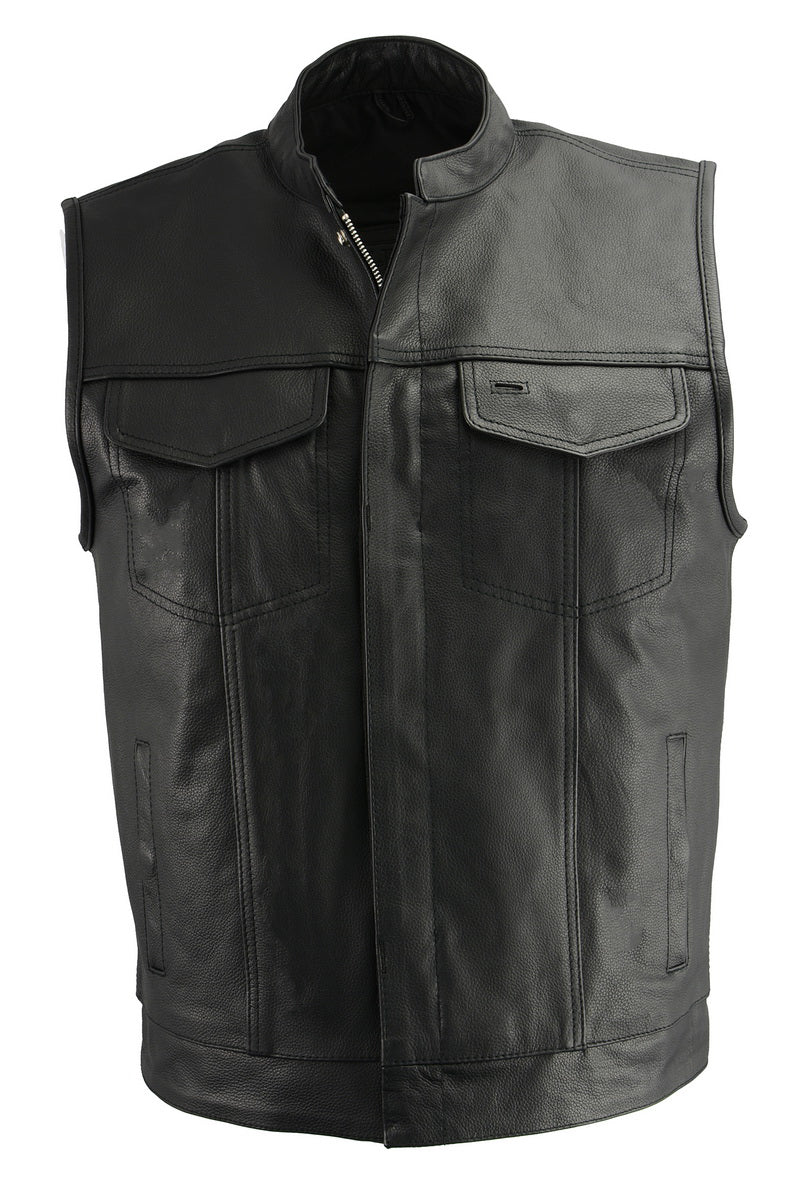M Boss Motorcycle Apparel BOS13509 Men's Black Leather Club Style Vest with Quick Draw Pocket