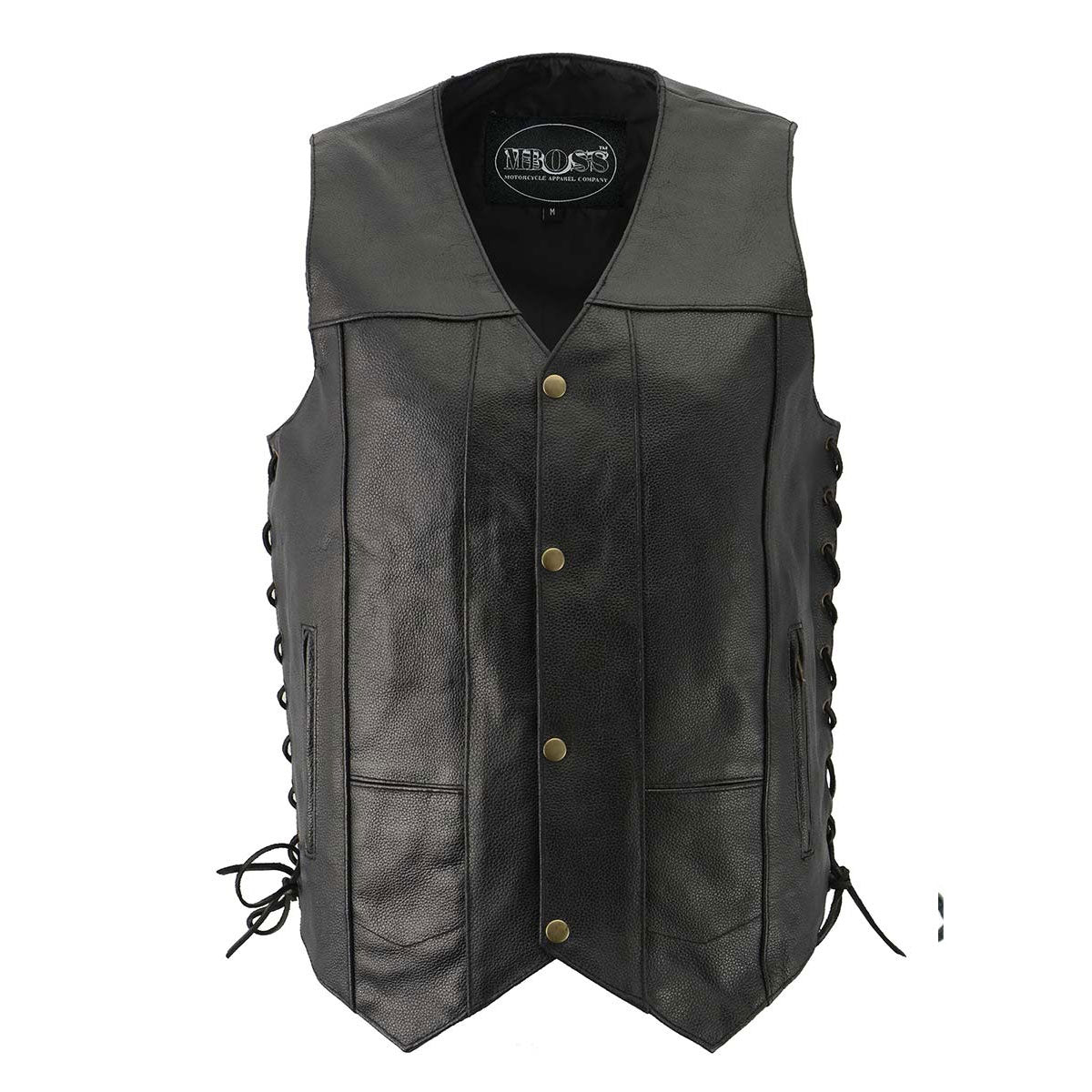 M-Boss Motorcycle Apparel BOS13517 Men’s Classic Black Leather 'Side Laced' Motorcycle Biker Rider Vest