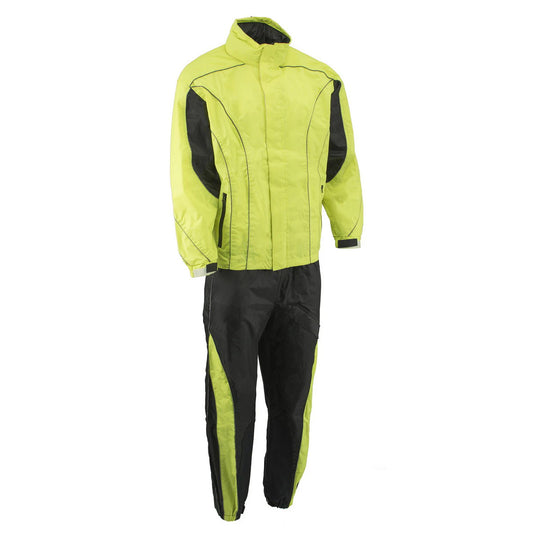 M Boss Motorcycle Apparel BOS19501 Men’s Black and High-Viz Green Two-Piece Motorcycle Rain Suit