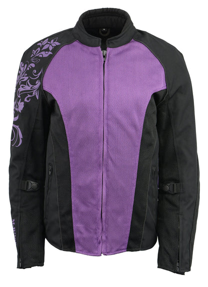M Boss Motorcycle Apparel BOS22700 Ladies Black and Purple Mesh Jacket with Flower Printing