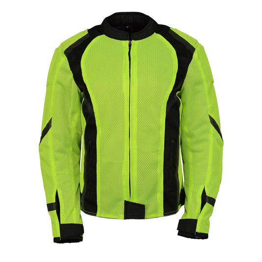 M Boss Motorcycle Apparel BOS22705 Wome'ns Hi-Vis Green Motorcycle Mesh Racer Jacket with Open Neck