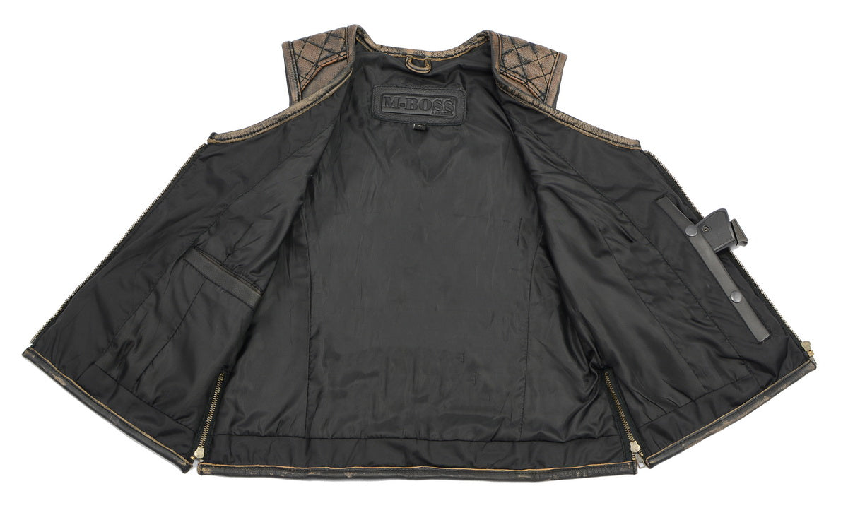 M Boss Motorcycle Apparel BOS24501 Women's Black and Beige Leather Plain Side Motorcycle Biker Rider Vest