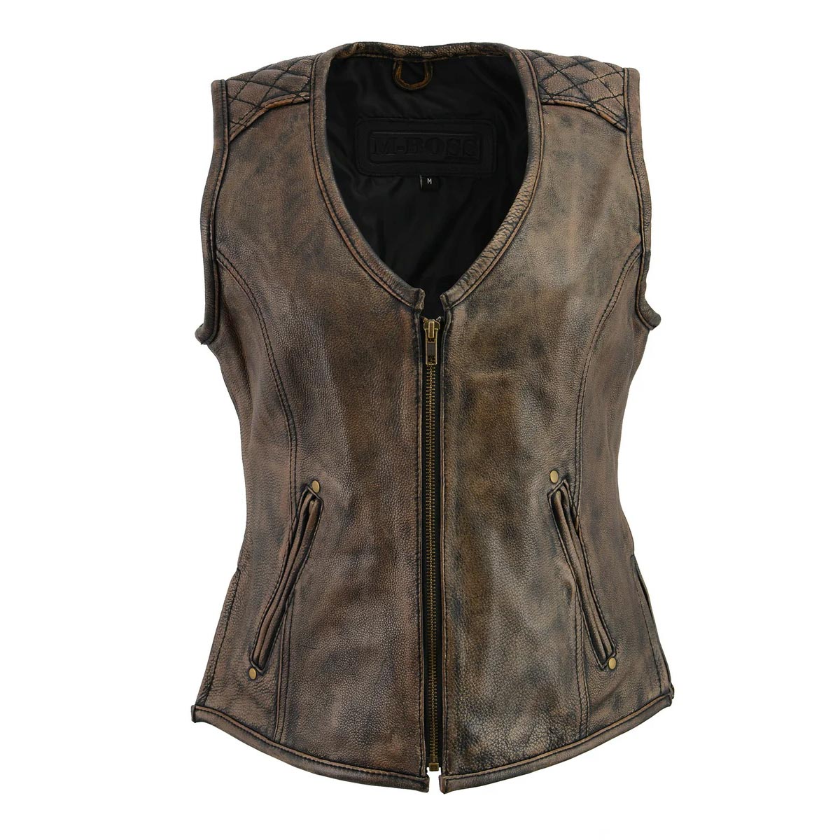 M Boss Motorcycle Apparel BOS24501 Women's Black and Beige Leather Plain Side Motorcycle Biker Rider Vest