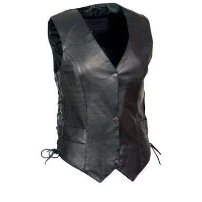 M Boss Motorcycle Apparel BOS24502 Women's Classic Black Leather Snap Front Motorcycle Vest with Side Laces