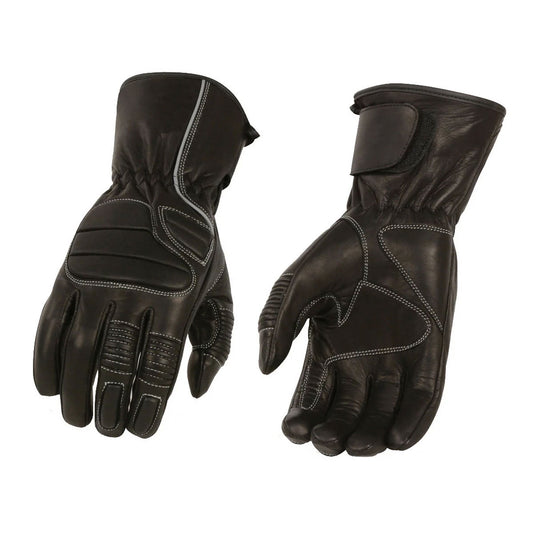M Boss Motorcycle Apparel BOS37500 Men's Black Thermal Lined Padded Back Gauntlet Gloves with Reflective Piping
