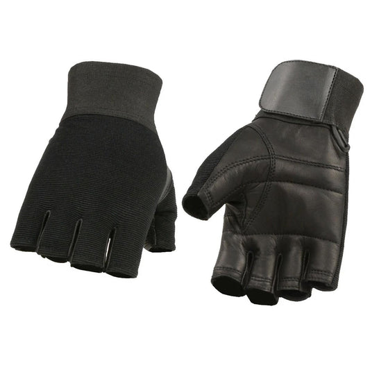 M Boss Motorcycle Apparel BOS37562 Men's Black Leather with Spandex Fingerless Gloves